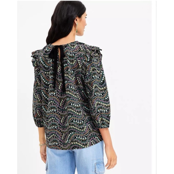 New LOFT Garden Dobby Tie Back Ruffle Blouse Black Calico Floral Cottagecore XS - Picture 3 of 11